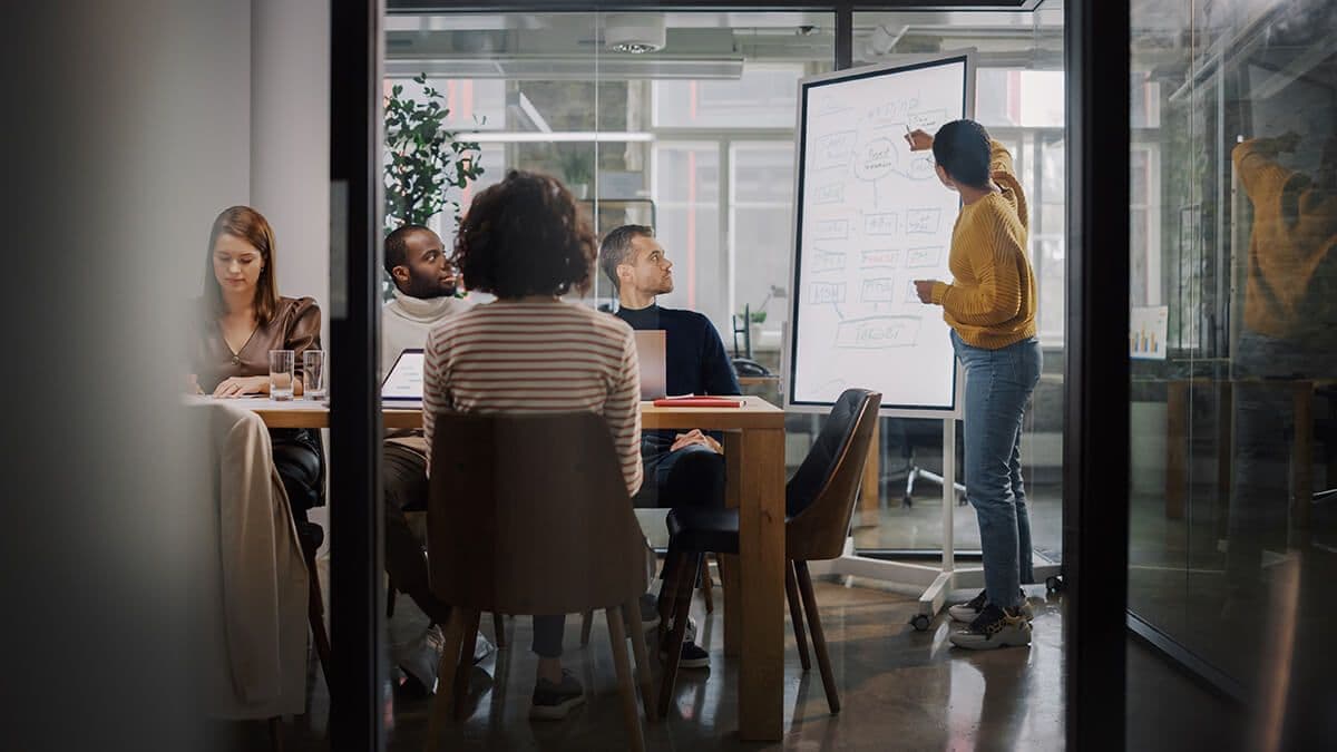 Woman leading a meeting at a whiteboard in a conference room of teammates, discussing professional goals for the company and employees